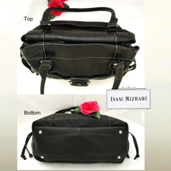 Isaac Mizrahi Black Leather Shoulder Bag Handbag Tote Satchel Magnet Drawstrings - Picture 6 of 13